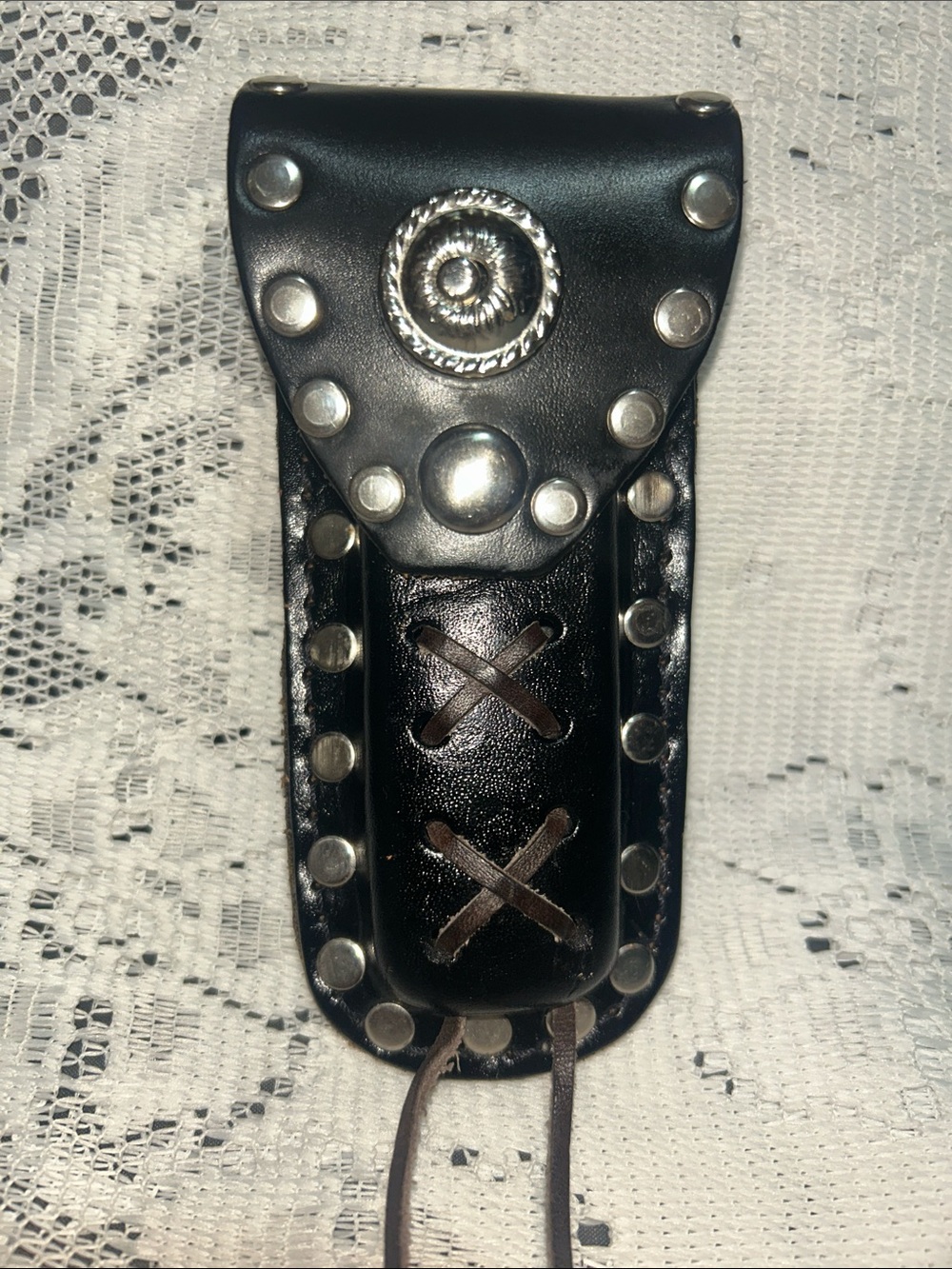 Black Leather Studded  Sheath holds Standard lockblade buck knife
